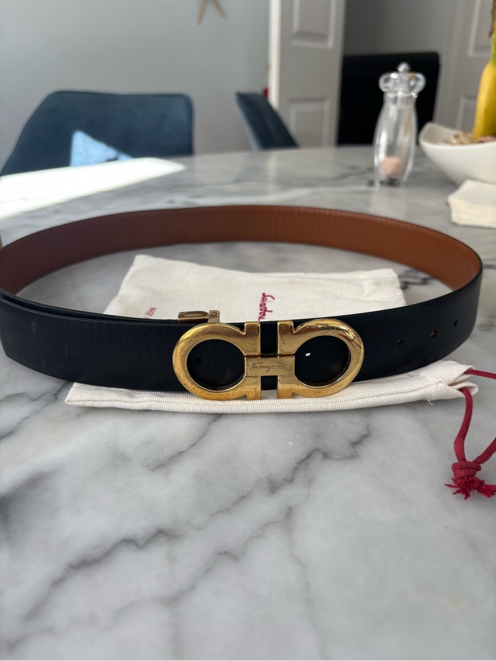 Salvatore Ferragamo Black Leather Reversible Belt with Gold Gancini Buckle
